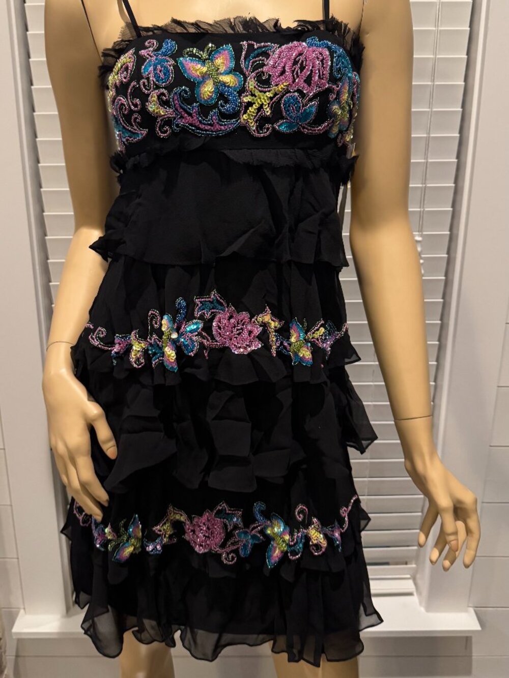 Sue Wong Y2K Silk Dress Beaded Evening Black Pink Floral Short Flapper Mini J5